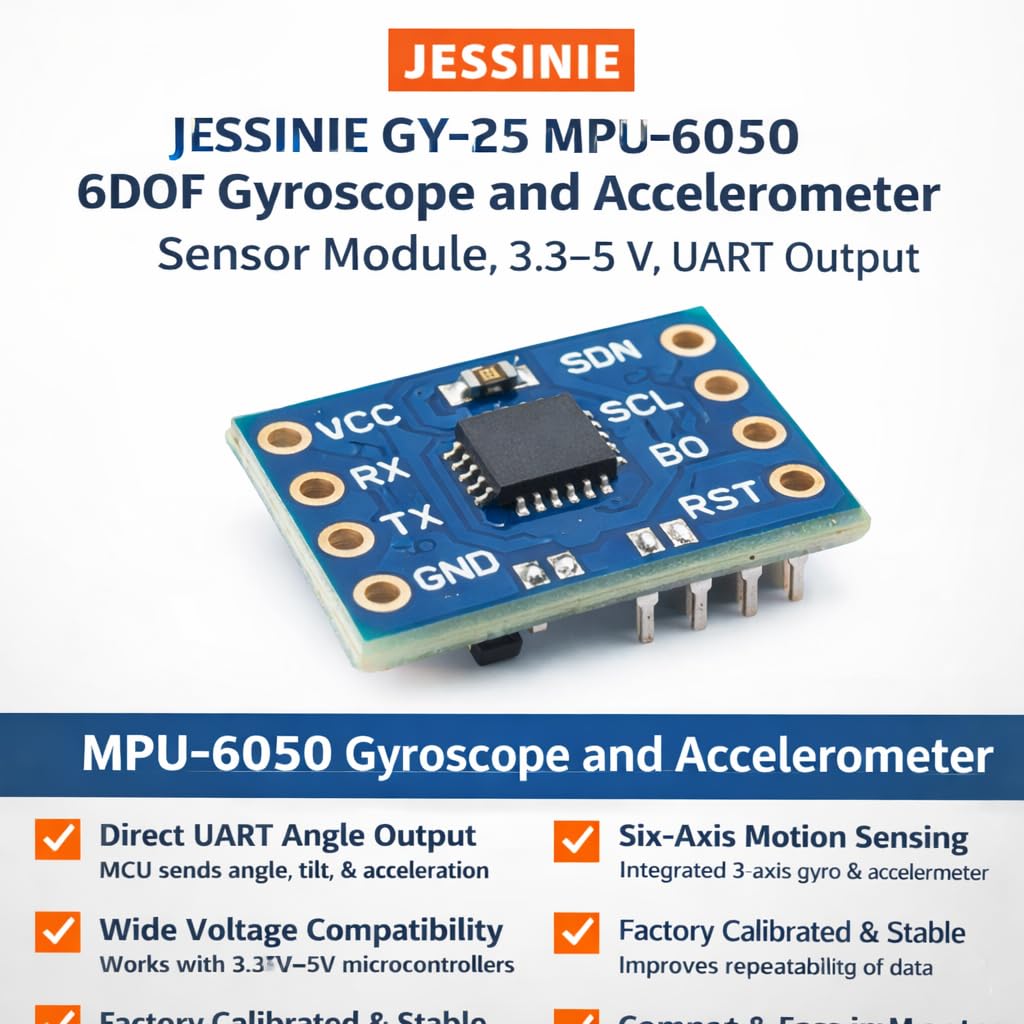 JESSINIE GY‑25 MPU‑6050 6DOF Gyroscope and Accelerometer Sensor Module, 3.3–5 V, UART Output