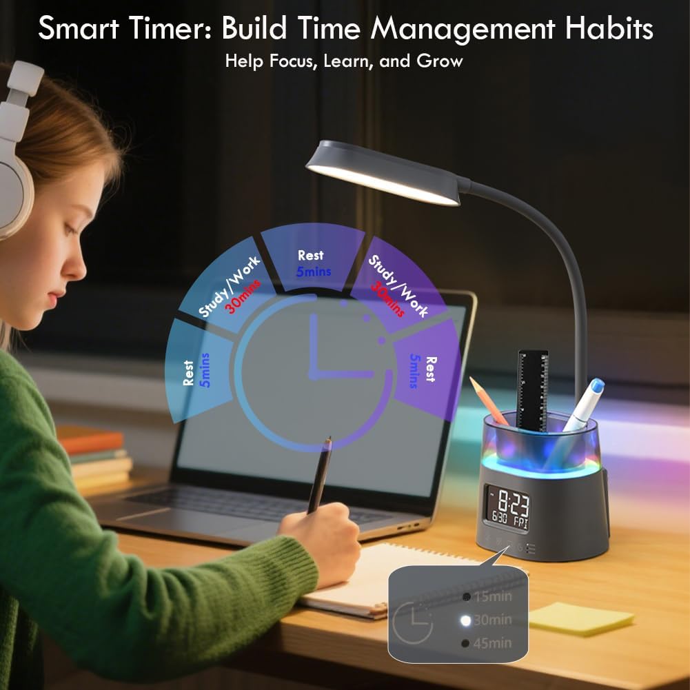 LED Desk Lamp for College Dorm Room Essentials, Students Study Lamp with USB Charging Port, Pen Holder, Clock & RGB