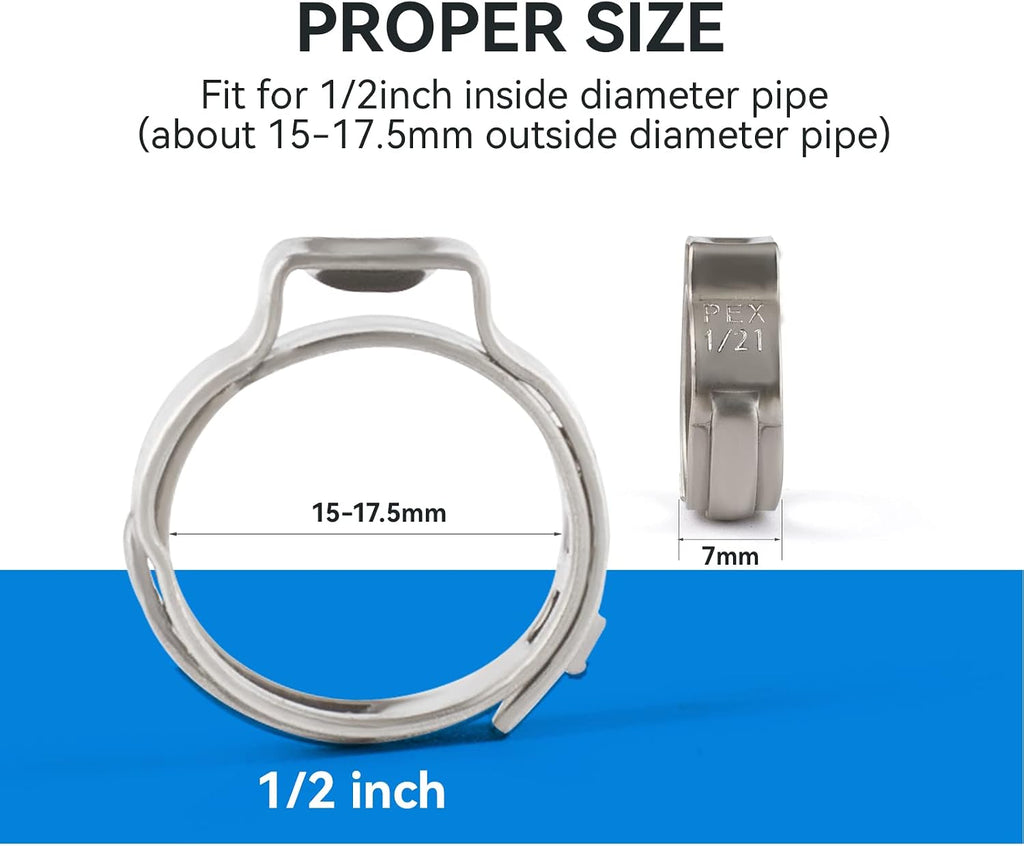 100 Pack GUOFIS 1/2"Pex Clamp Rings,304 Stainless Steel(CLAMP016-100)