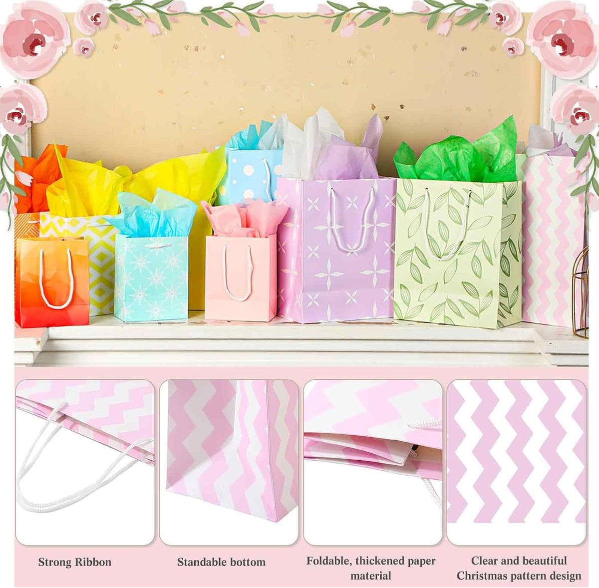 80 Pcs Gift Bags Assorted Size and Designs,4 Sizes