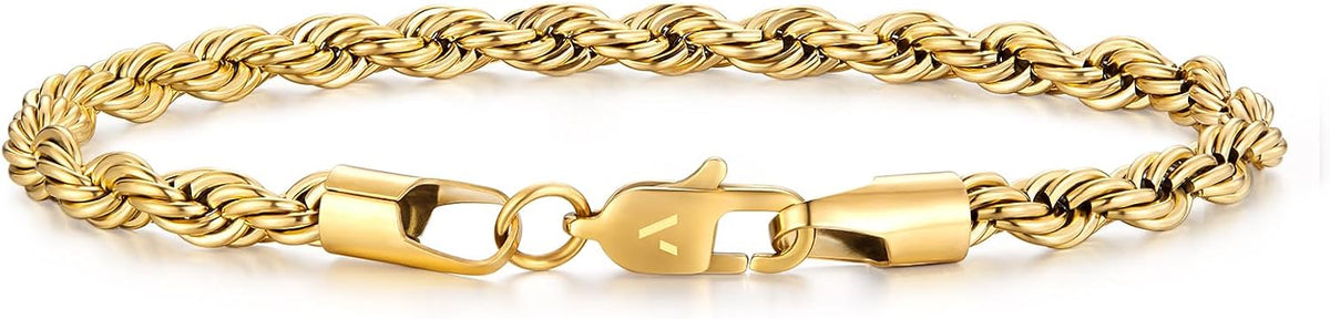 Rope Chain Bracelet for Men, 18K Real Gold Plated Men's Rope Link Bracelet, Durable No Color Fading Cuban Link