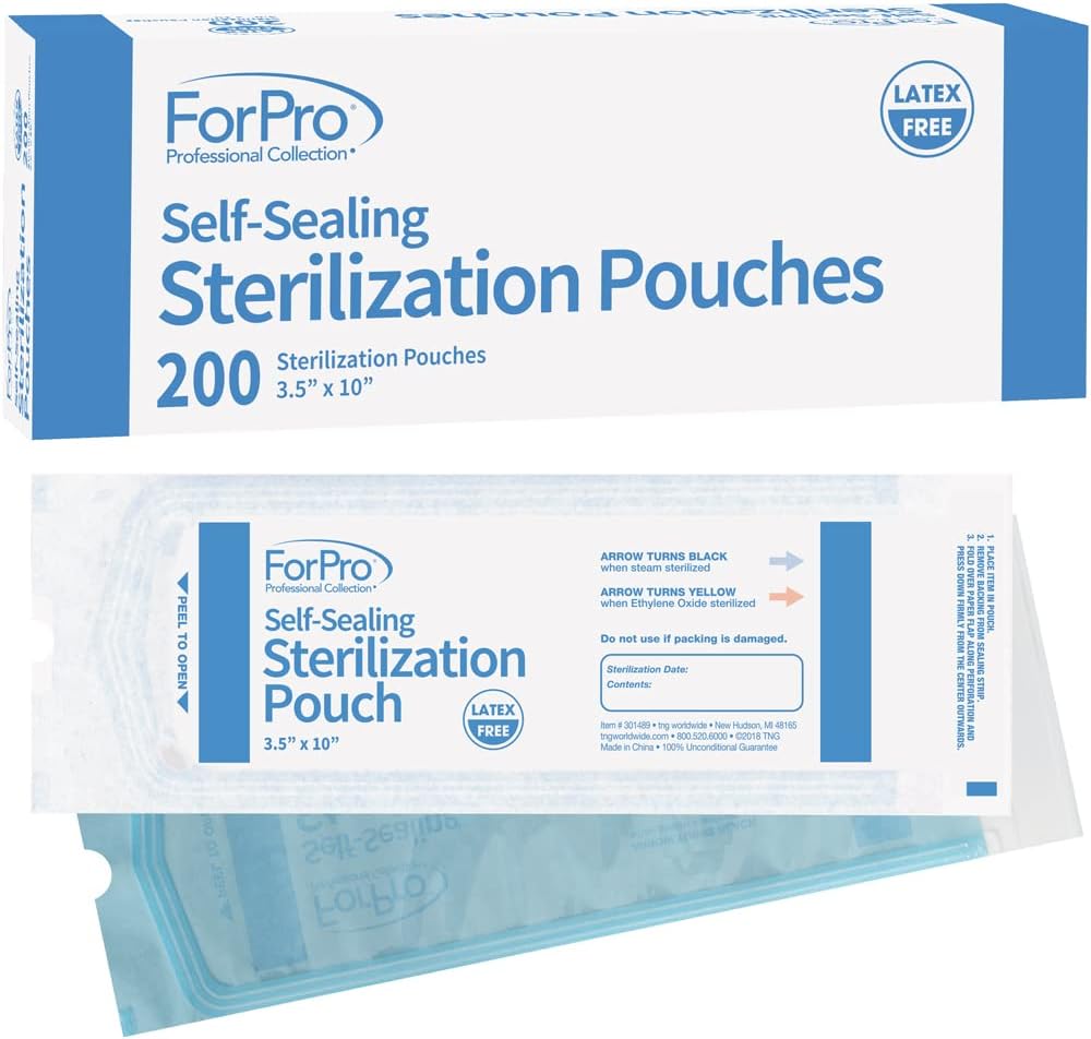 Self-Sealing Sterilization Pouches, Latex-Free, Color Changing Indicator, 3.5" W x 10" L, 200-Count | for Tool