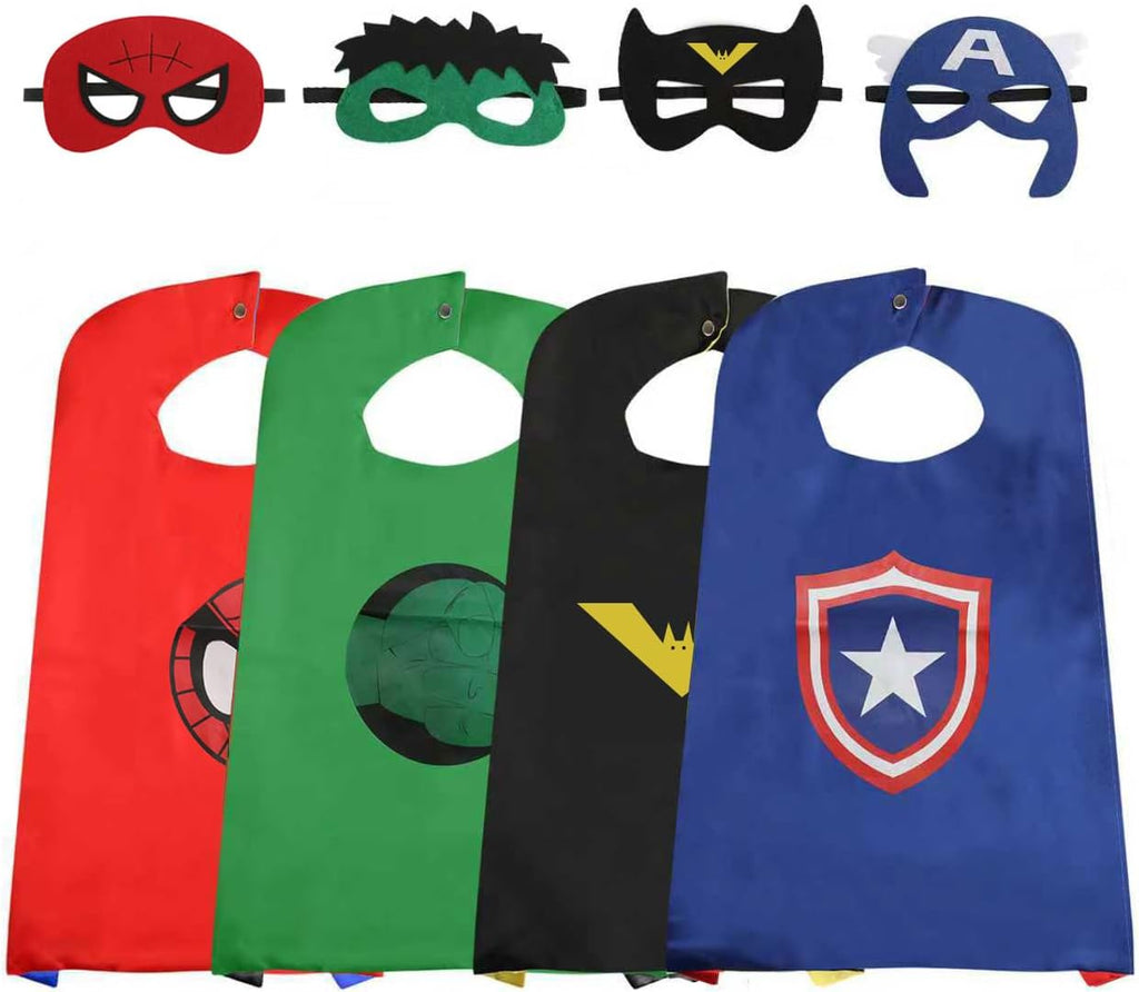 Superhero Capes for Kids, Hero Caps and Masks for 4-12 Year Old Boys Girls | 4 Pack Cartoon Dress Up for Holiday