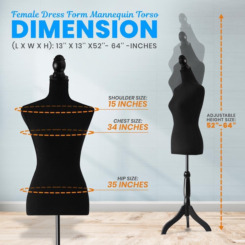 Female Torso Mannequin Display - Sturdy and Durable, Adjustable Dress Form (52-64"), Lightweight, Easy-to-Assemble