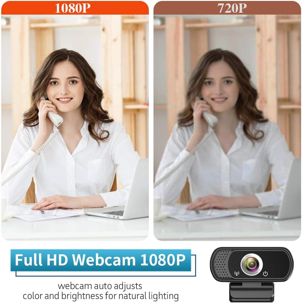 1080P Webcam with Microphone, HD Web Camera with Tripod Stand, Auto Light Correction, Privacy Cover, 110° FOV