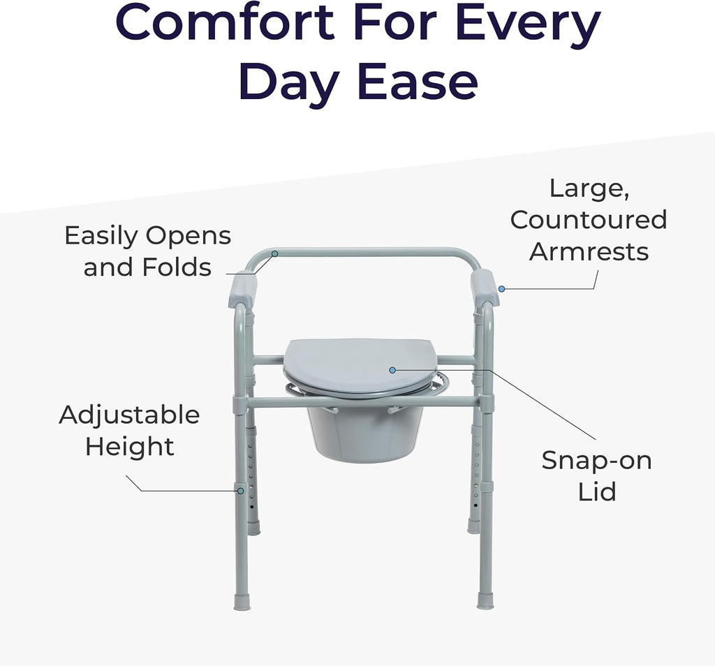 Folding Steel Bedside Commode Chair - Portable 3-in-1 Toilet Solution - Adjustable Height - 7.5 Qt Bucket Included