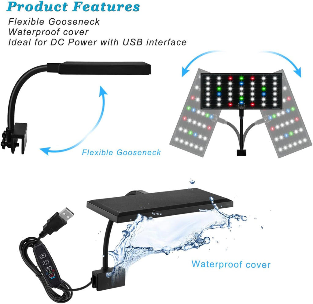 Clip On Aquarium Light with Timer for 3 to 8 Gal Fish Tank (Dimmable Full Spectrum LED) USB Moving Lamp for Open