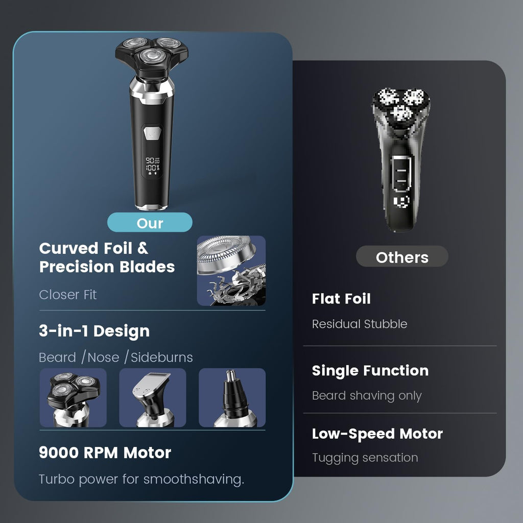 Electric Razor for Men: Wet/Dry Electric Shavers for Men - Upgraded Curved Shaving Foil, Low Noise High-Torque Motor