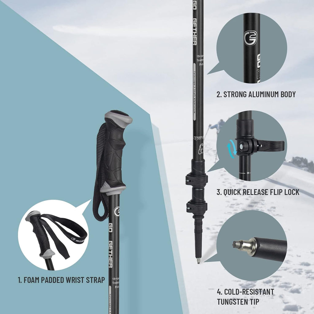 Aluminum Trekking Poles - Quick Adjustable Locks, Comfort Handle, Padded Strap, Snow Baskets - Walking Sticks