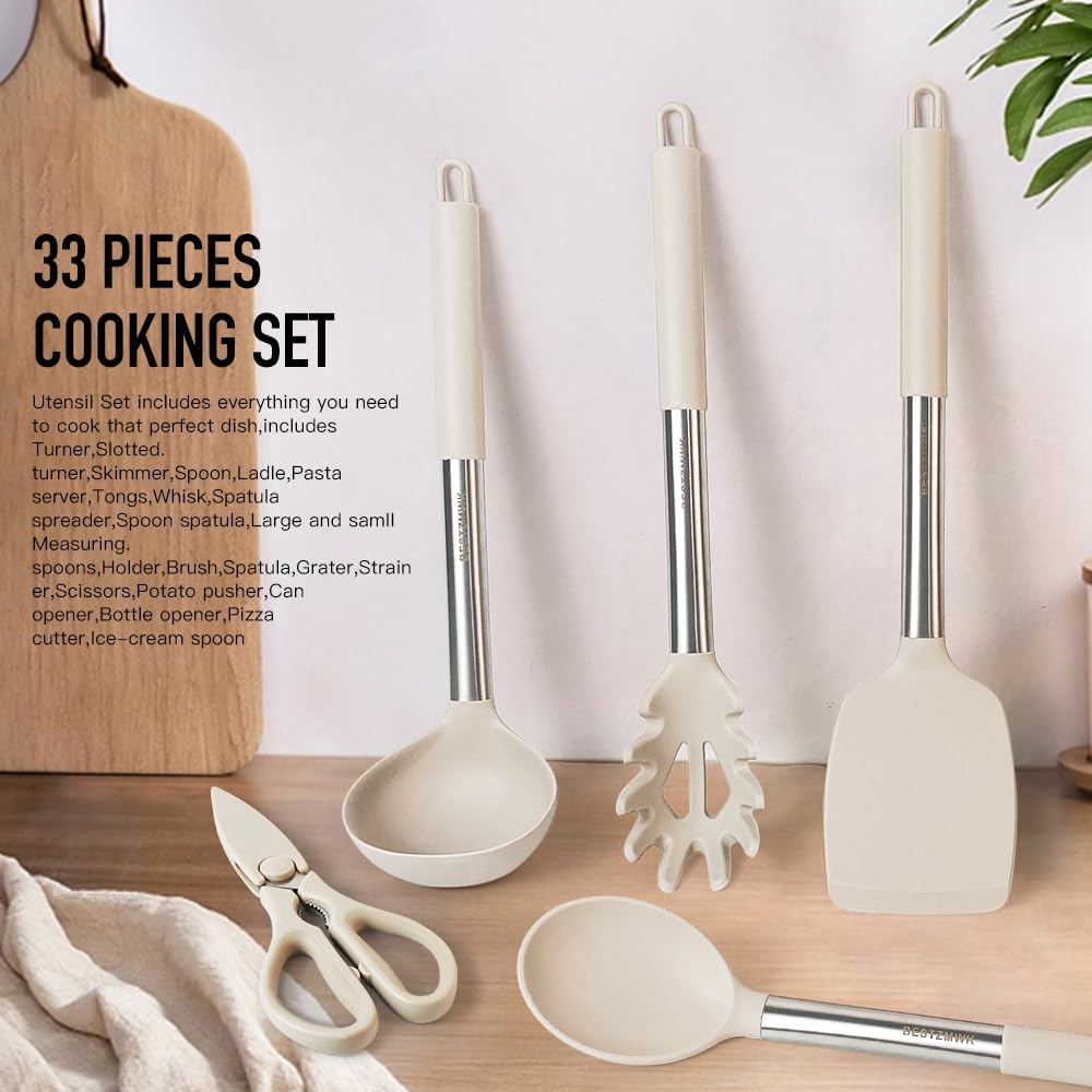 Kitchen Utensils Set-Silicone Cooking Utensils-33pcs Non-Stick Silicone Cooking Kitchen Utensils Spatula Set with