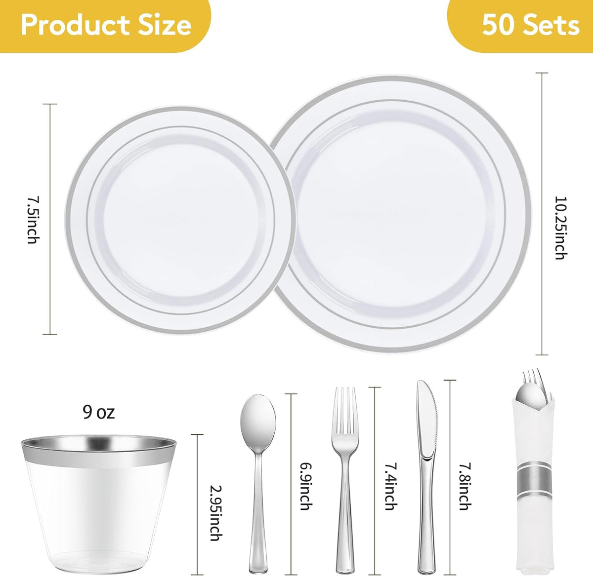 350 Piece Silver Plastic Dinnerware Set for 50 Guests