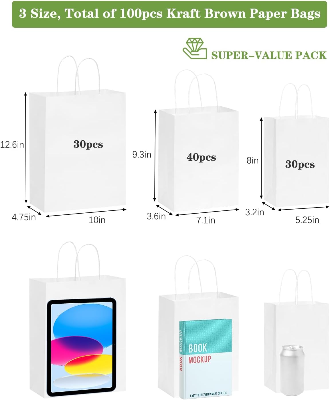 100pcs White Paper Bags with Handles Bulk, Gift Bags Assorted Sizes