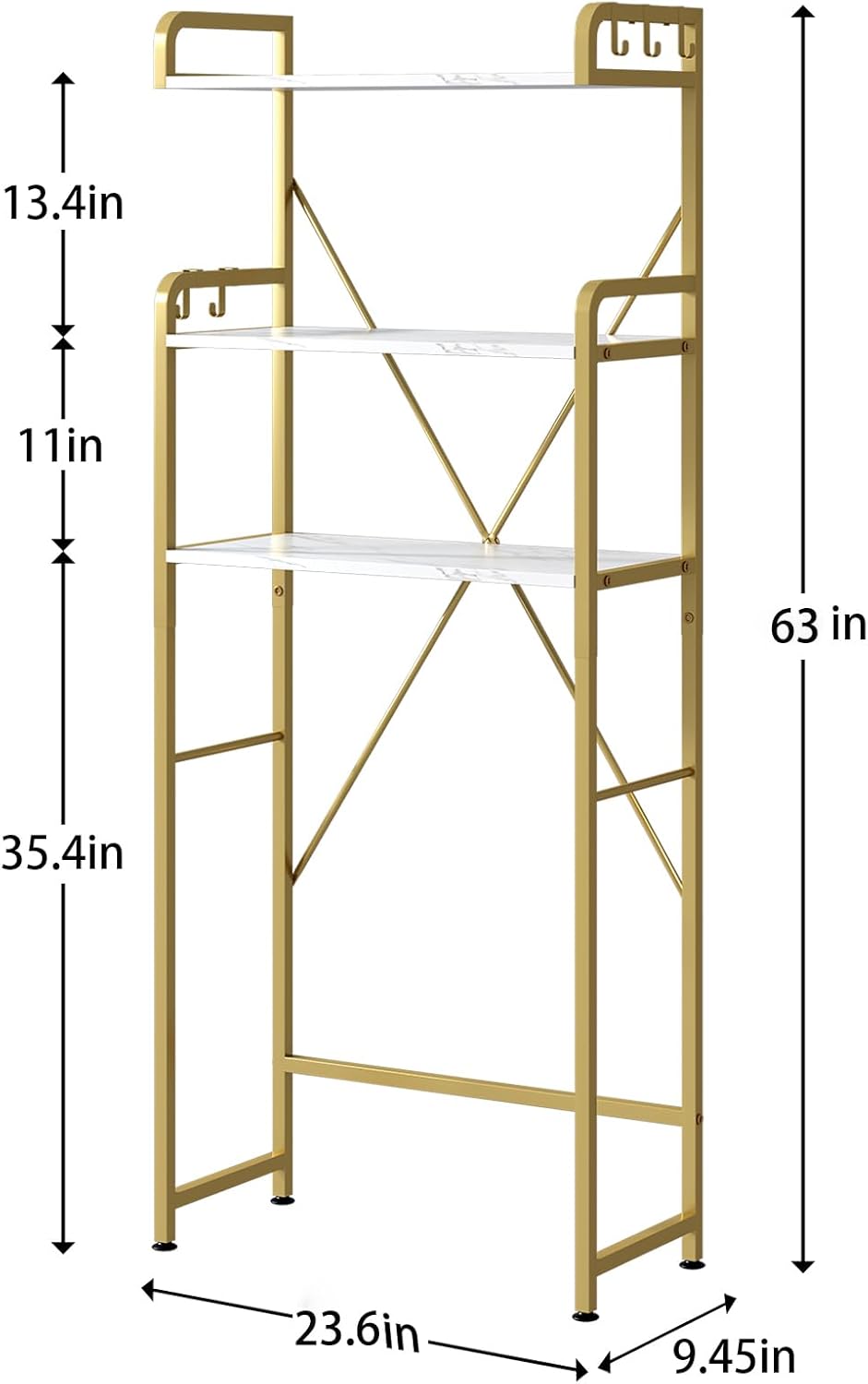 Over The Toilet Storage Rack with 3-Tier Shelves, Space Saver Toilet Shelf, Laundry Organizer with Hooks for Over