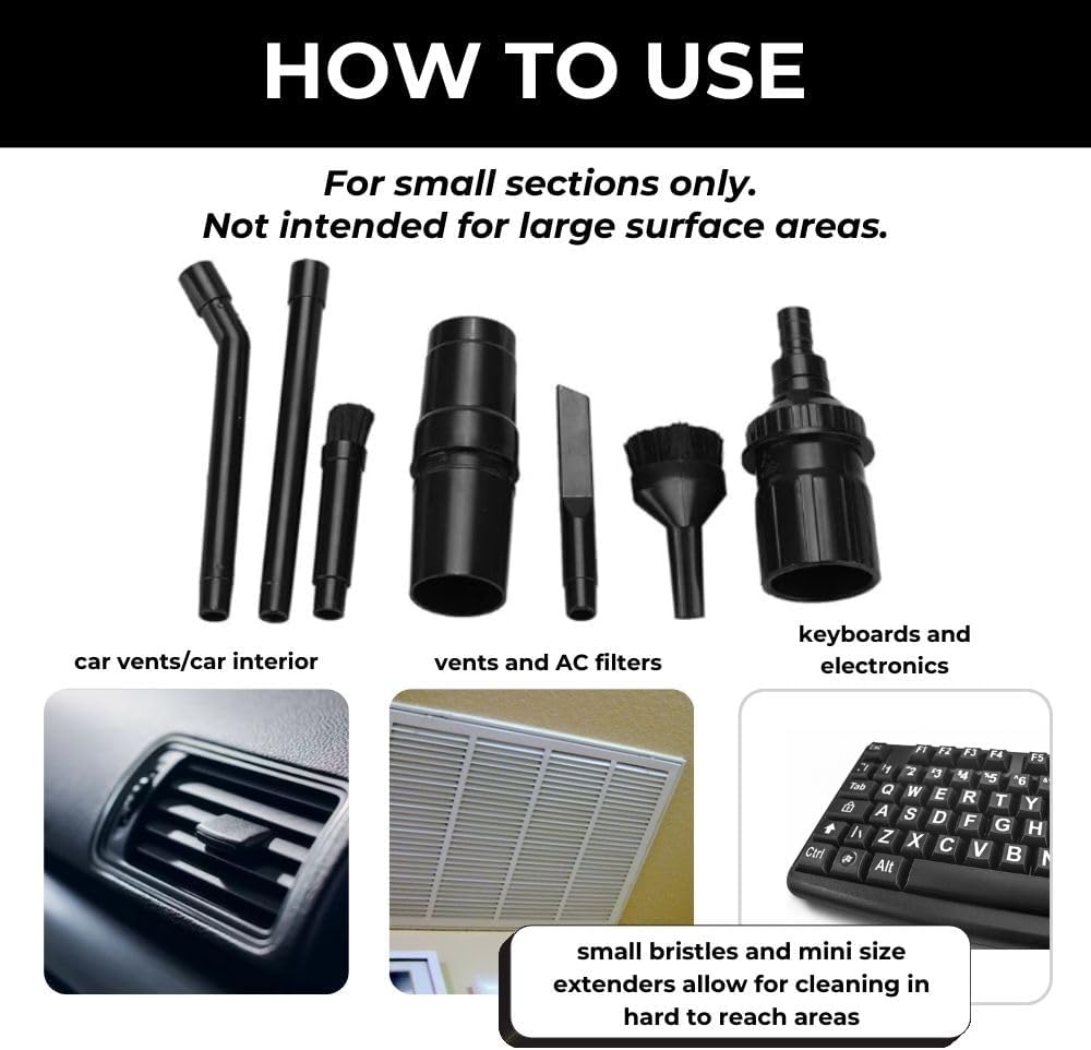 8-Piece Universal Micro Shop Vacuum Kit - Flexible and Multi-Purpose Vacuum Attachments - Crevice Tool, Brush