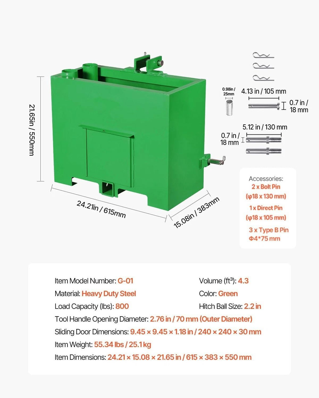 Ballast Box 3 Point Category 1 Tractor Quick Tach Hitch Counterweight, Green, Heavy Duty Steel, 800 lb Capacity