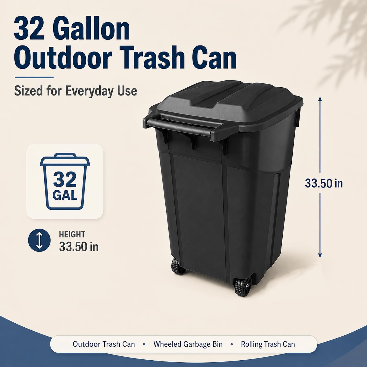 32 Gallon Wheeled Outdoor Trash Can with Secure Lid, Rolling Garbage Bin | 32-45 gallon capacity, durable