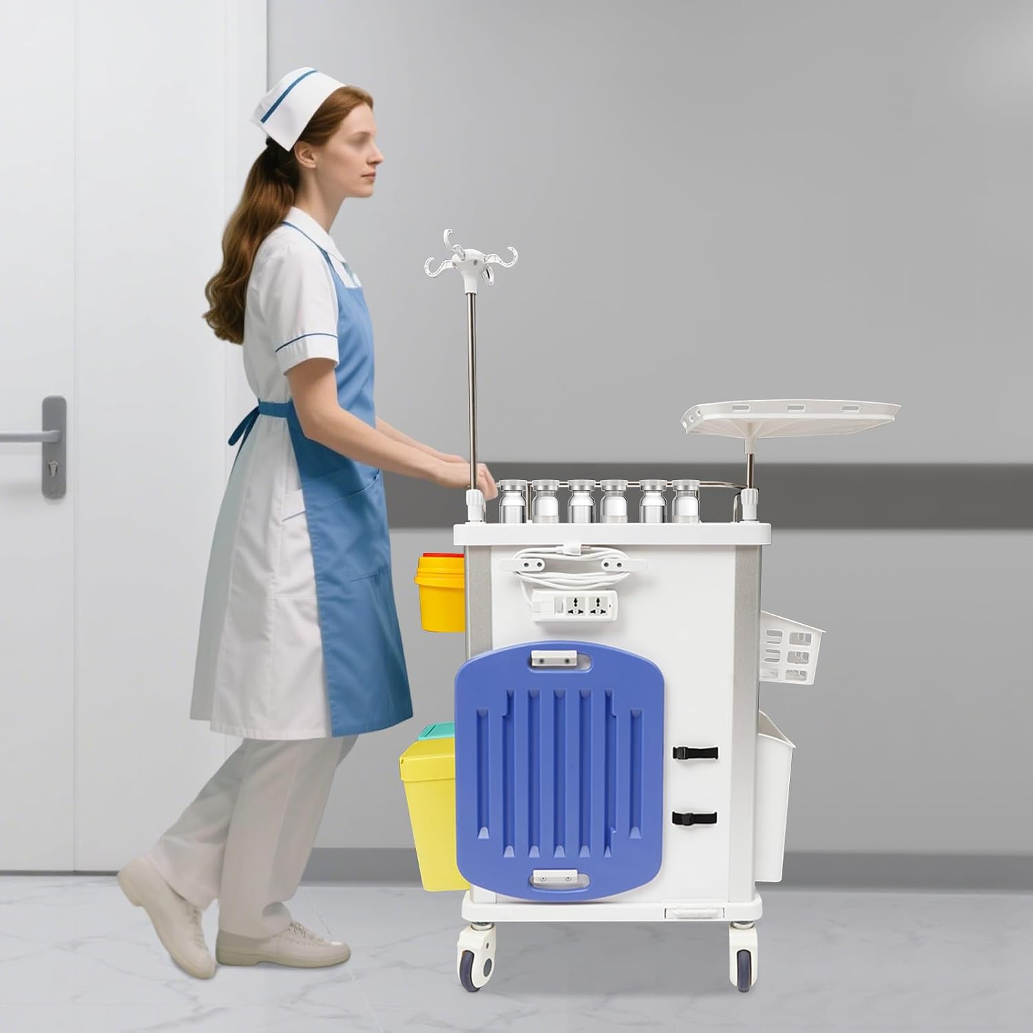 Medical Rolling Crash Cart with Accessories-CPR Board, 2 Trash Bin, Drawers with Dividers, Mobile Medical Cart for