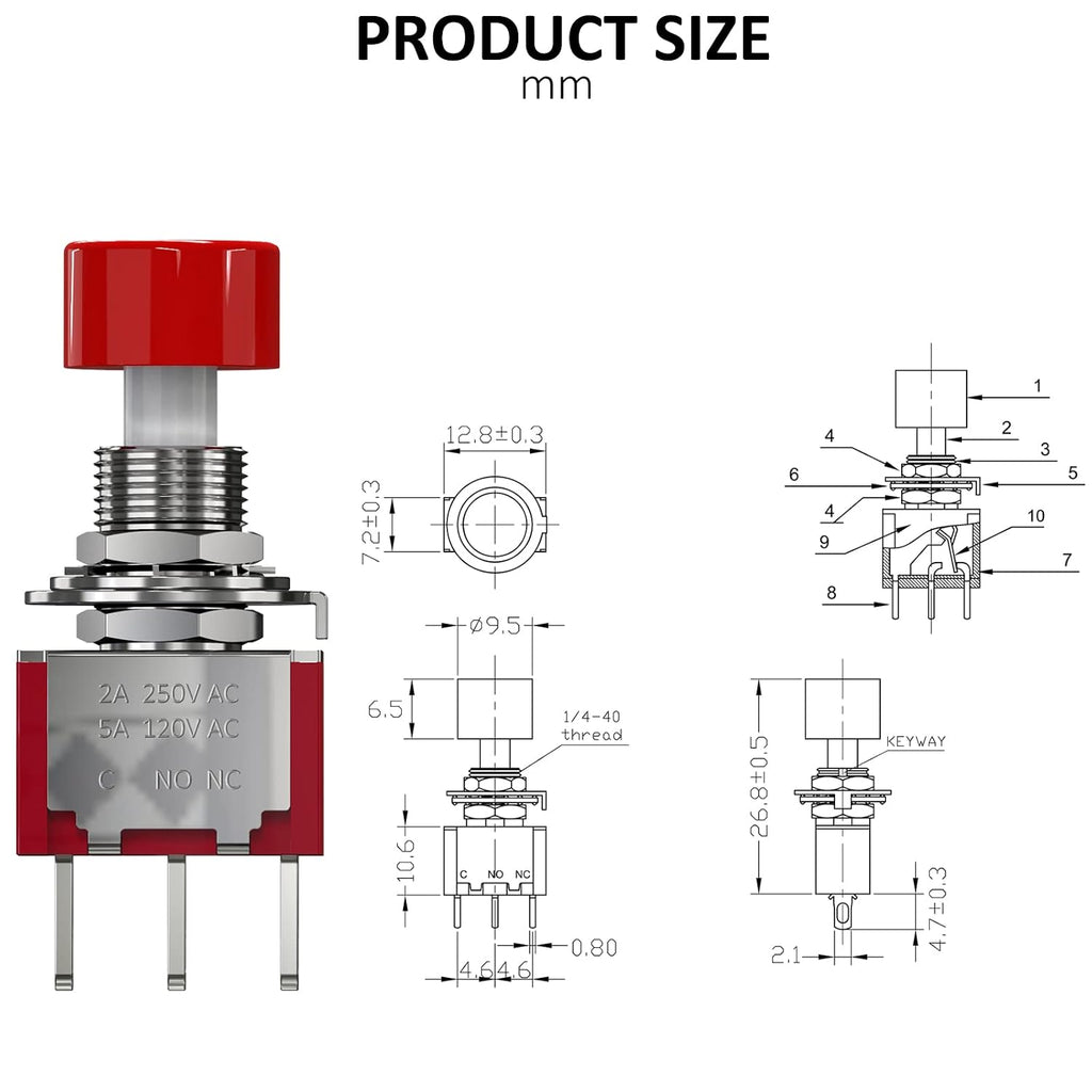 AC 2A/250V 5A/120V 3 Pin Momentary Push Button Switch NO NC with Red Cap 5Pcs