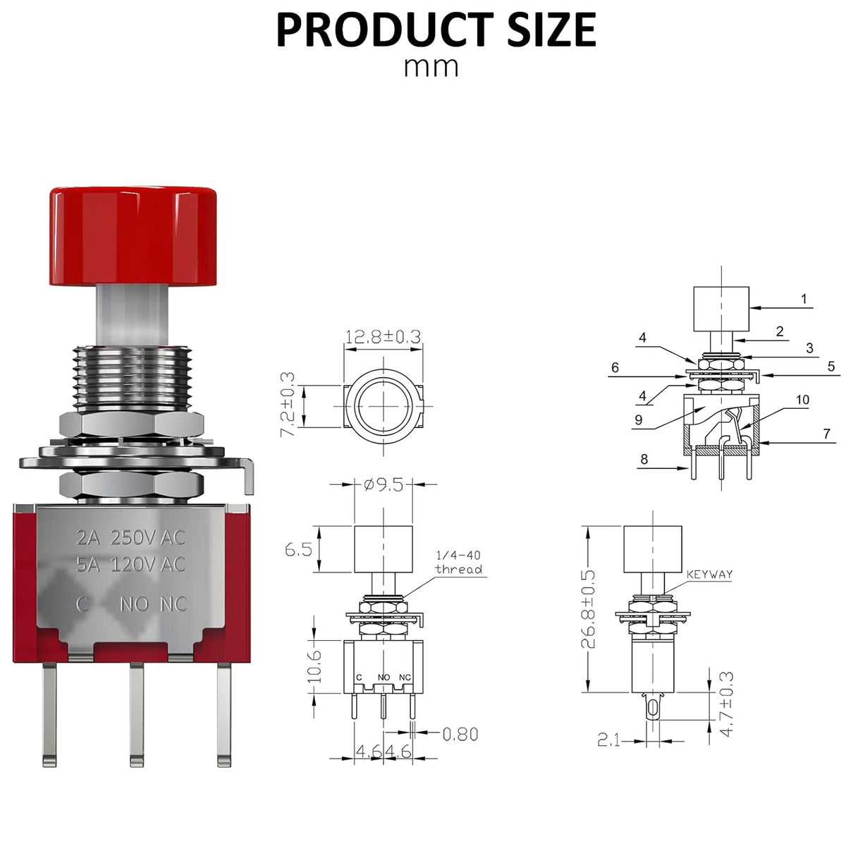 AC 2A/250V 5A/120V 3 Pin Momentary Push Button Switch NO NC with Red Cap 5Pcs