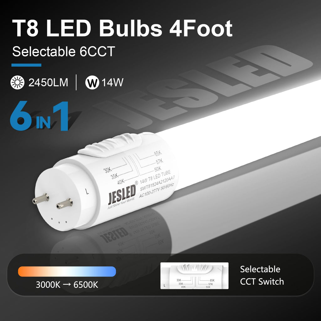 T8 LED Bulbs 4 FT, 6CCT Selectable 3000K-6500K, 20 Pack, ETL Listed