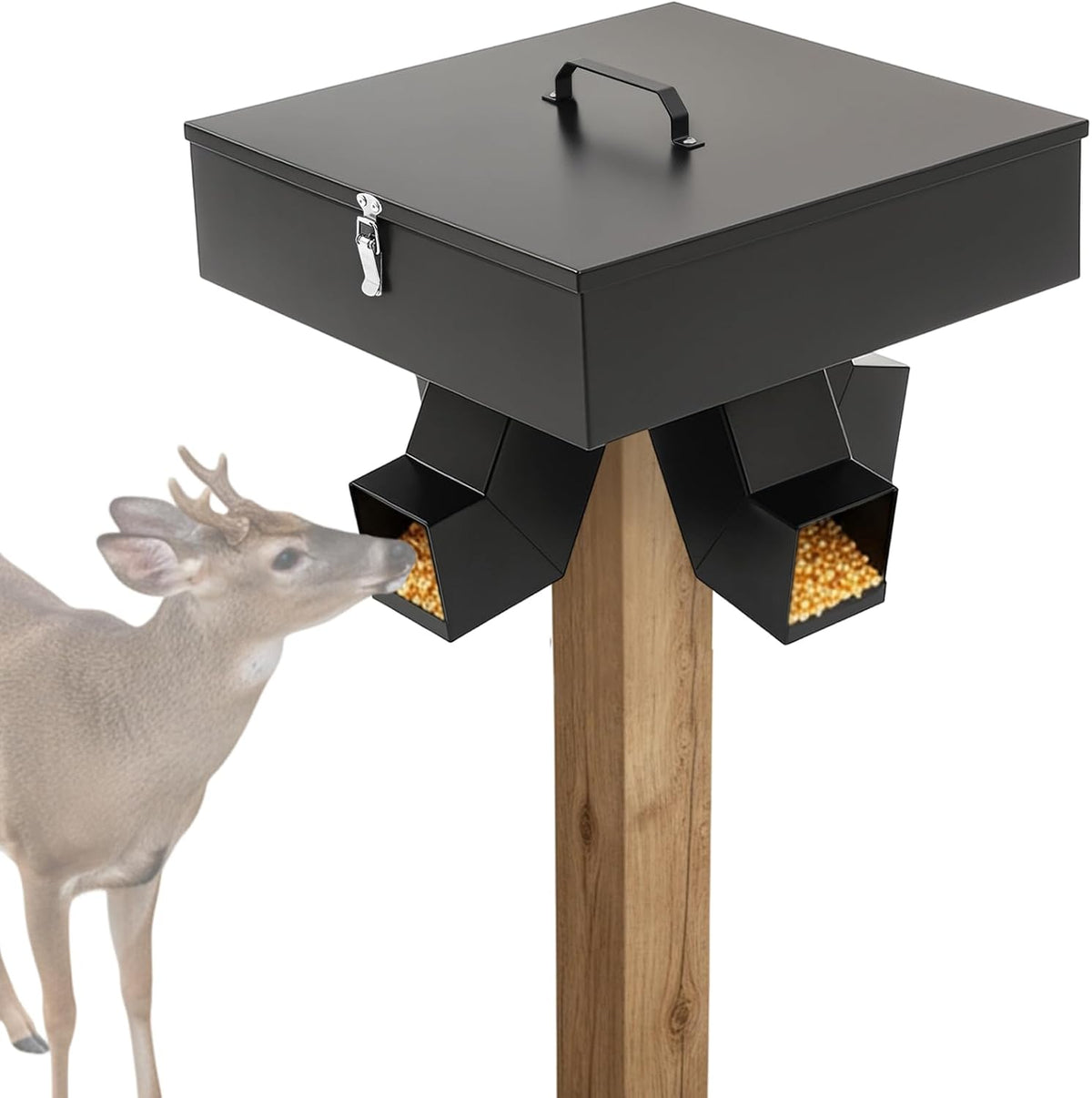 60lb Gravity Deer Feeder. Heavy Duty Deer Feeder with 4 Feed Head and Mounting Post, Galvanized Steel Metal Portable