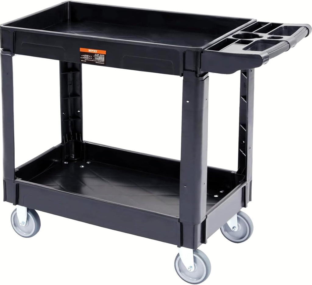 Utility Service Cart, 2 Shelf 550LBS Heavy Duty Plastic Rolling Utility Cart, Medium Lipped Shelf, 360° Swivel