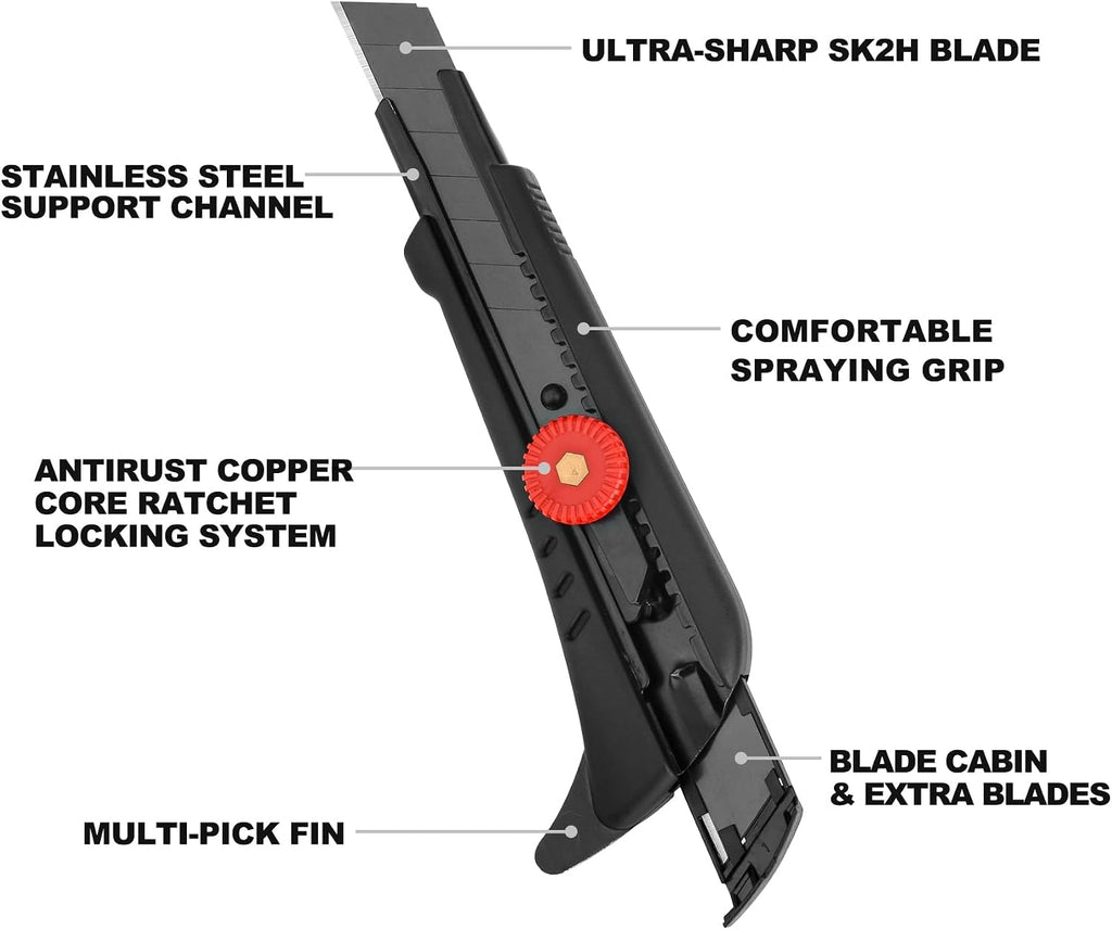 18mm Heavy Duty Utility Knife with Fin Design, Ratchet for Quick Blade Changes, Multi-purpose sprayed non-slip grip