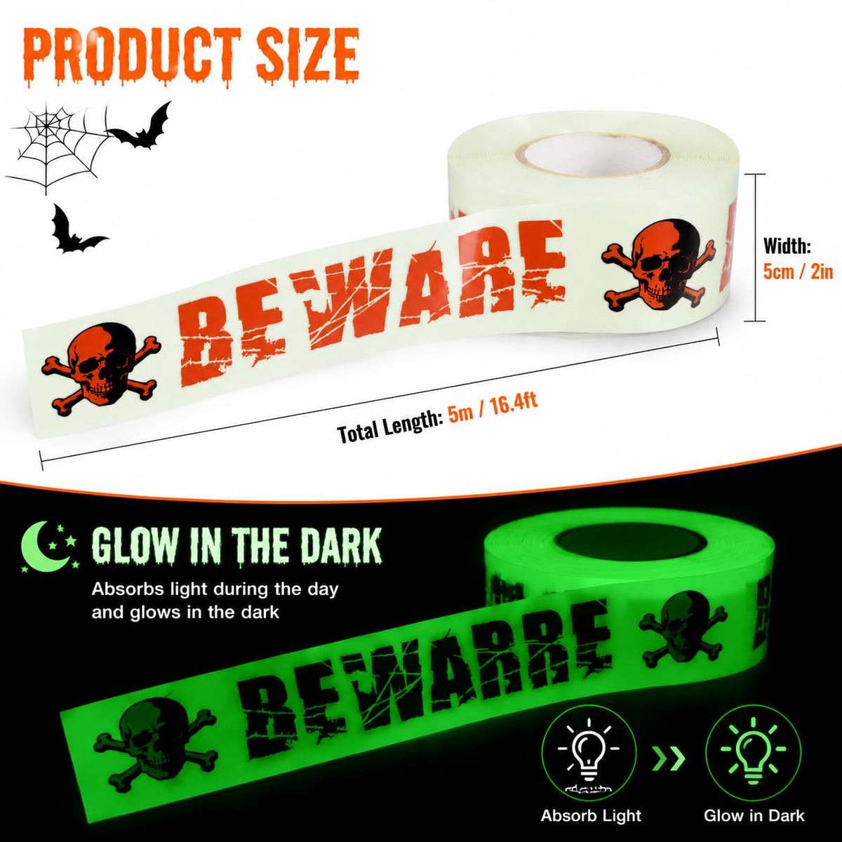 Halloween Glow Dark Caution Tape 2 in x 16.4 ft