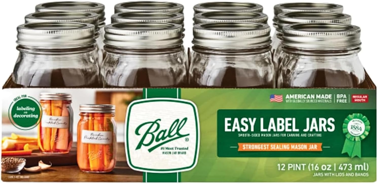 Regular Mouth Easy Label Glass Mason Jars with Lids and Bands, Used for Canning, Pickling, Juice, Jam, Jelly, Pint