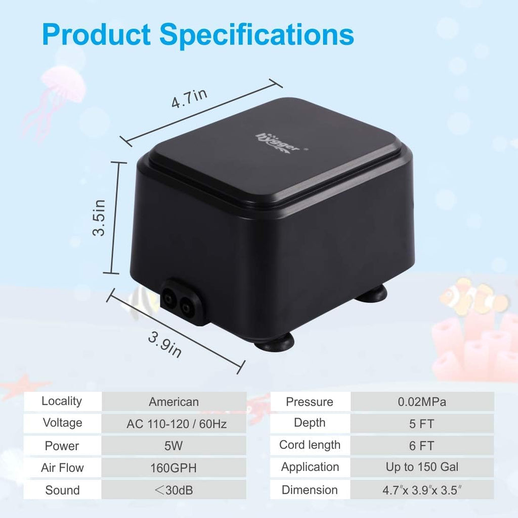 Quiet <30dB Aquarium Air Pump, Adjustable Low Decibel Oxygen Fish Tank Pump 2 Air Outlets Ultra Silent Powerful