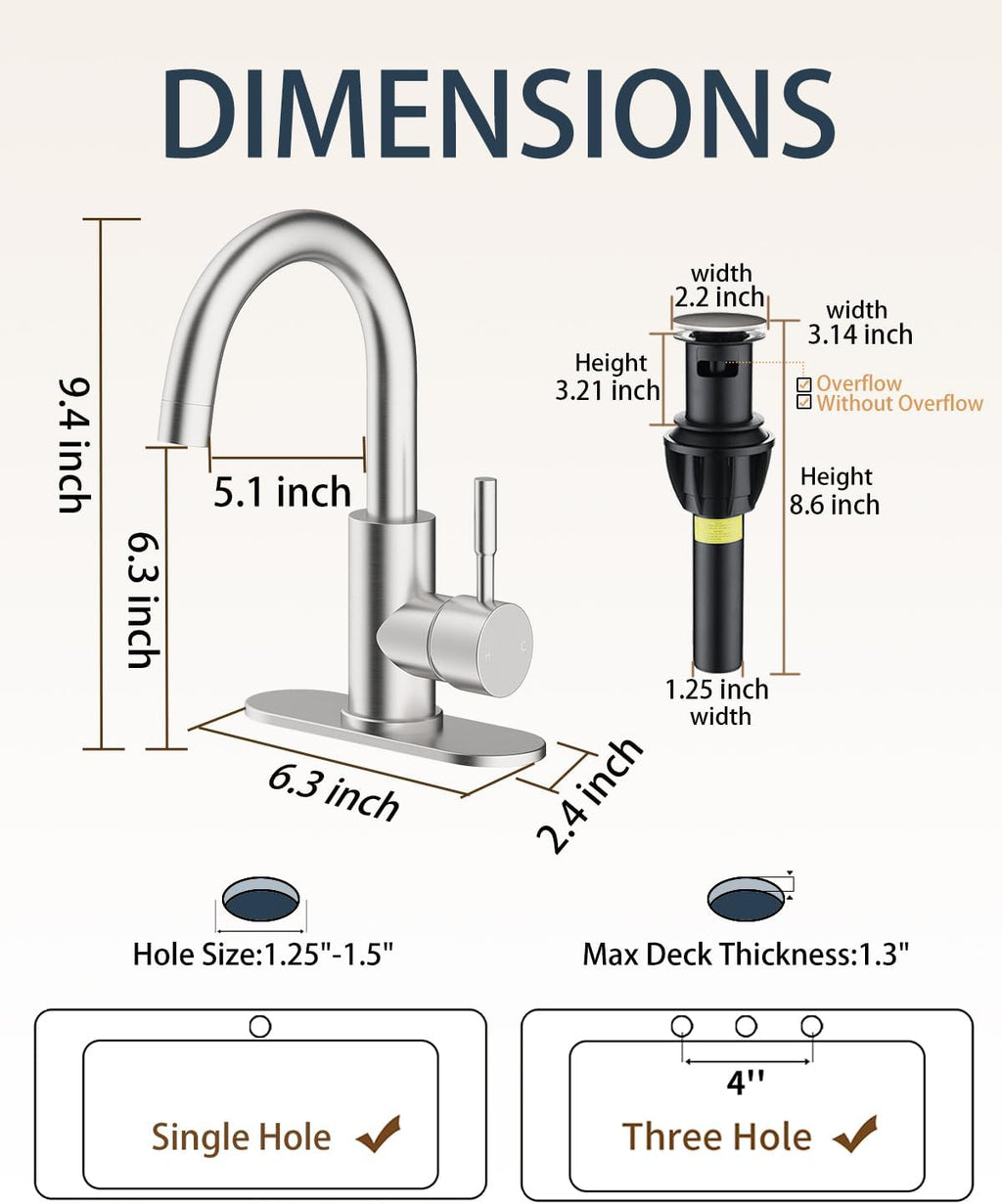 Bathroom Faucet 1 Hole Single Handle for Vanity Faucet Brushed Nickel