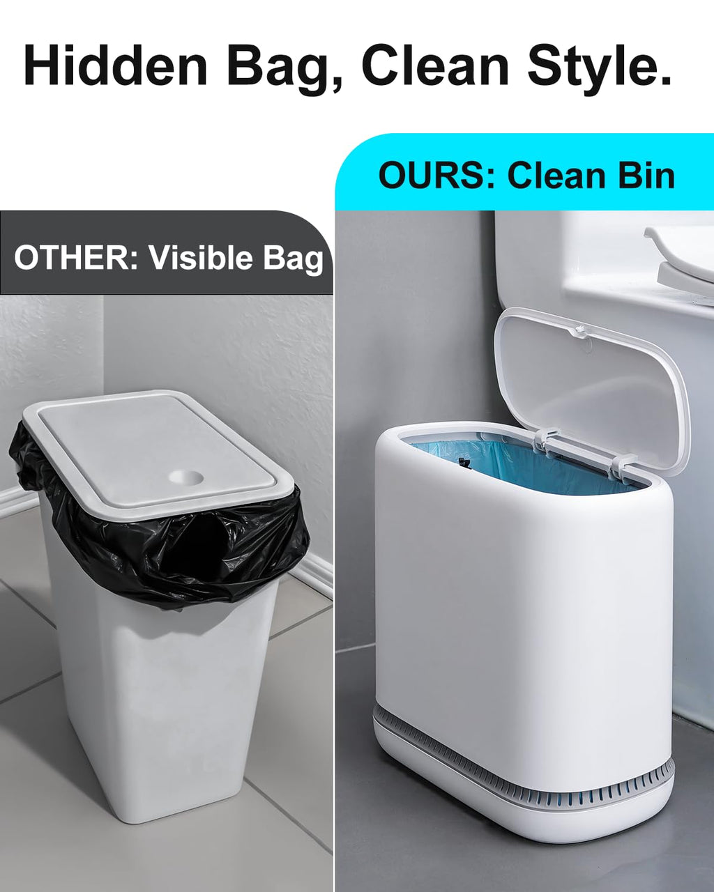 2.3 Gallon Slim Small Bathroom Trash Can with Lid, White Dog Proof Garbage Can with Air-Press Bag Expander &