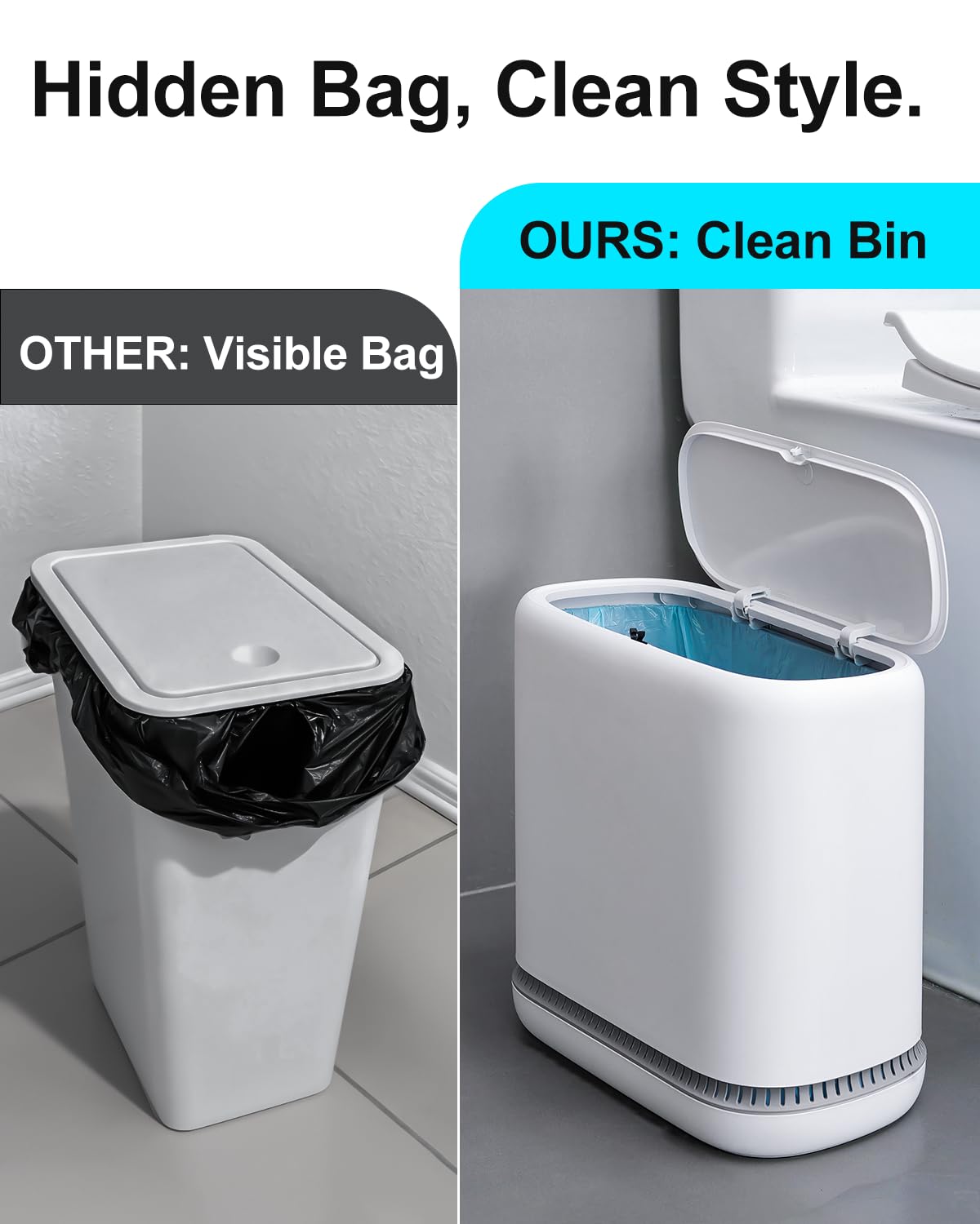 2.3 Gallon Slim Small Bathroom Trash Can with Lid, White Dog Proof Garbage Can with Air-Press Bag Expander &