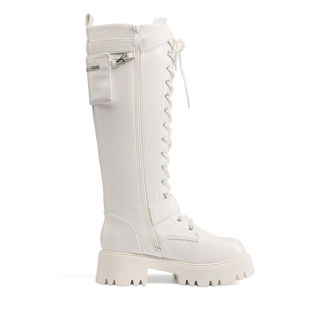 Womens Knee High Combat Boots Platform Heels,White,6