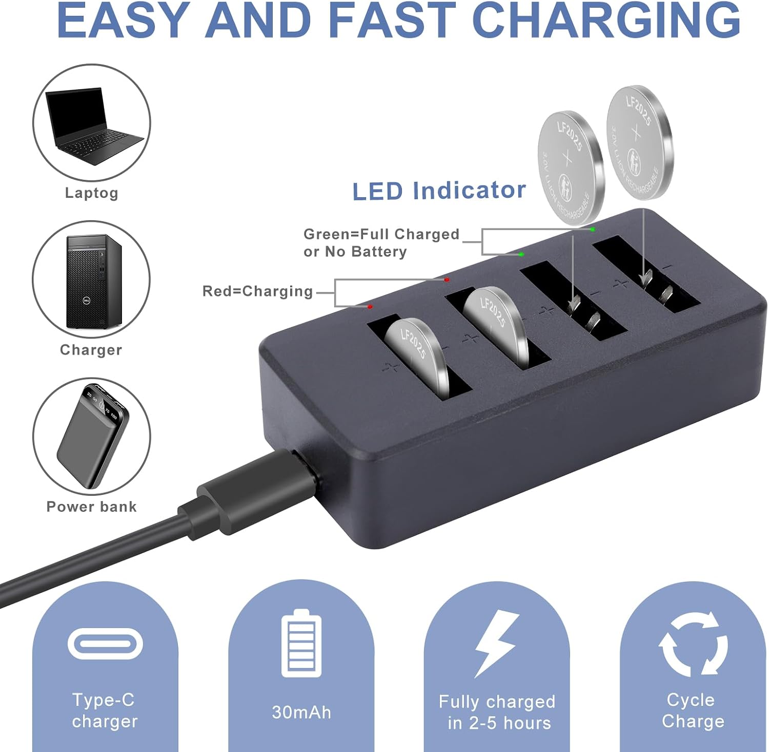 LF2025 Rechargeable Battery with Charger 3V Replacement CR2032 Batteries(5PCS)