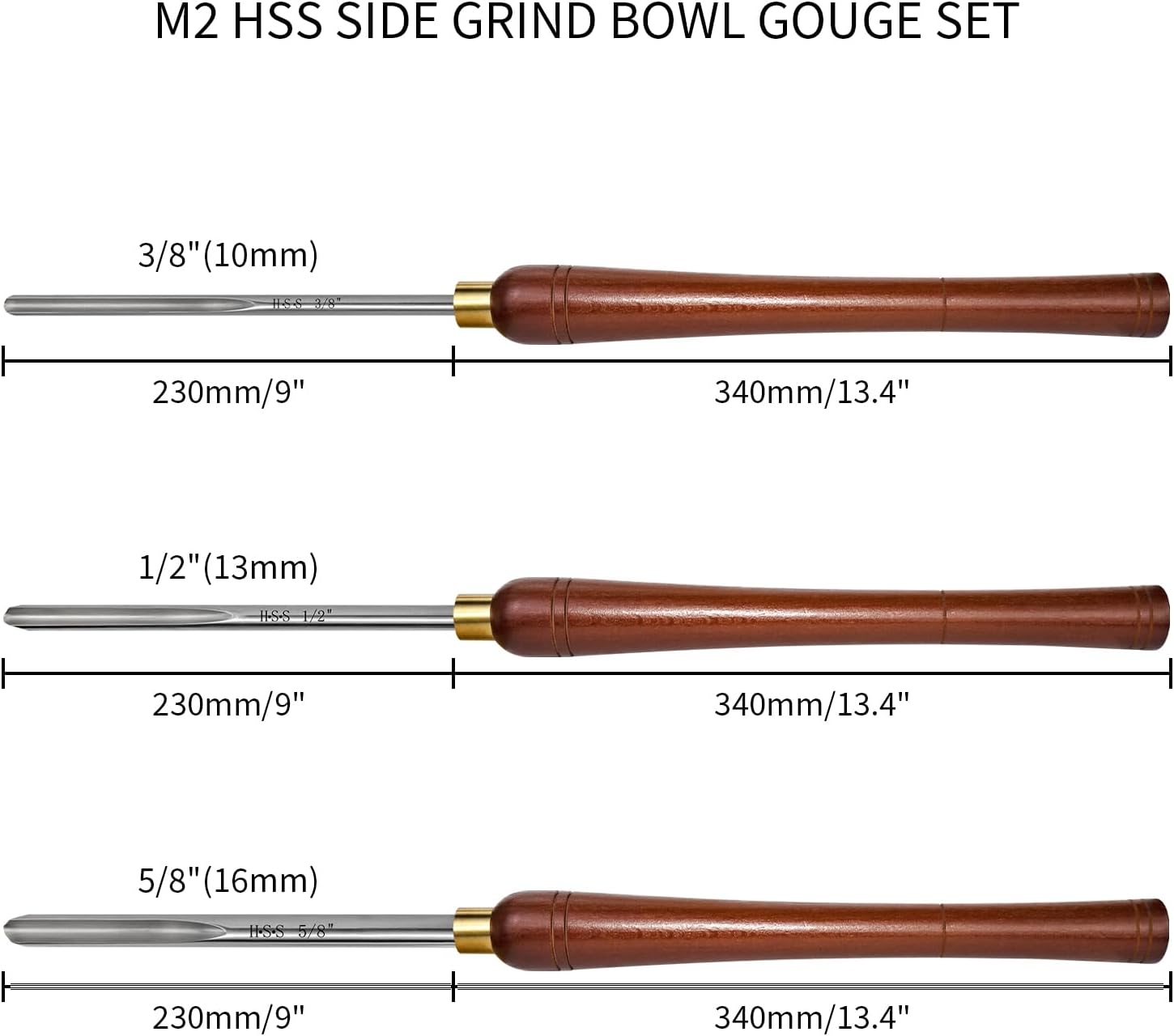 3-Pack M2 HSS Bowl Gouge Set, Side Grind Wood Turning Chisels | M2 High-Speed Steel With HRC60 Hardness, Side Grind