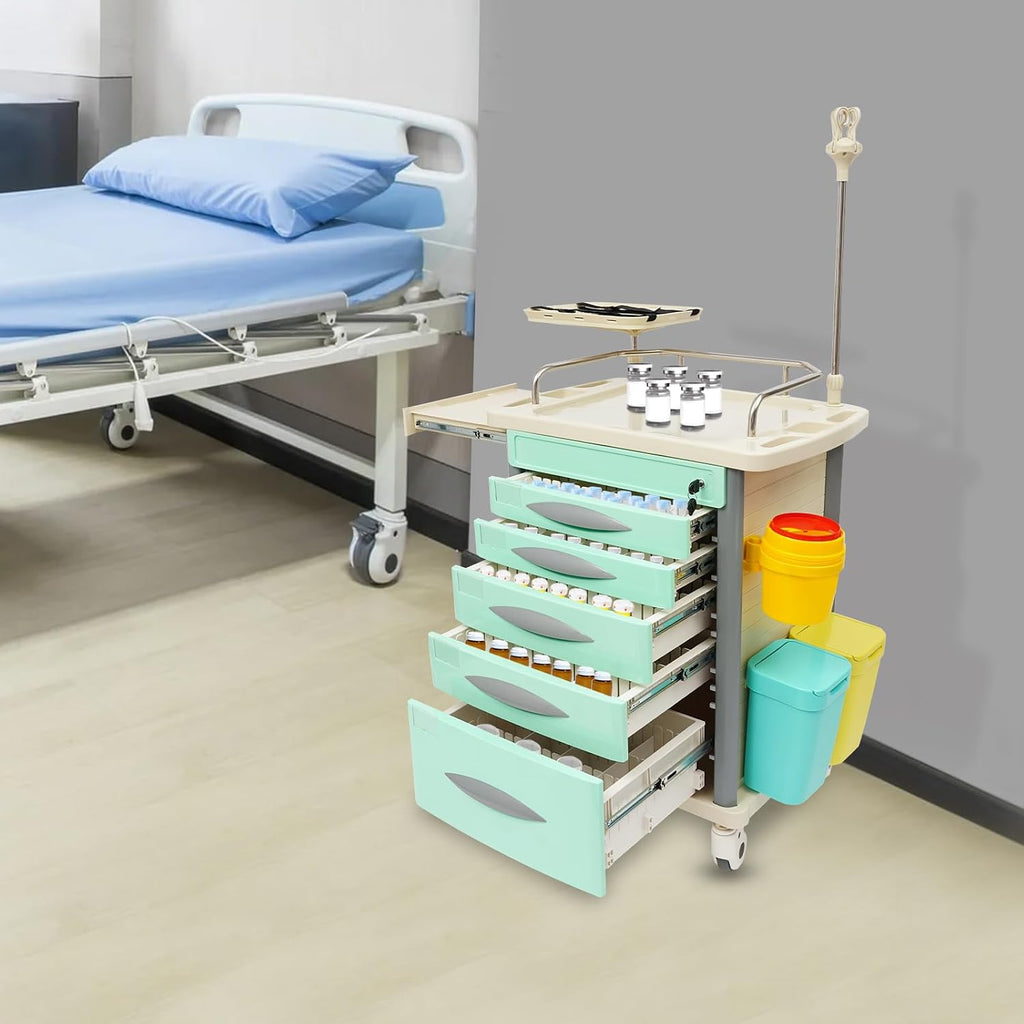 Medical Rolling Crash Cart with Drawers, Rolling Medical Cart, Adjustable IV Pole, CPR Board, O2 Holder, Trash Bin