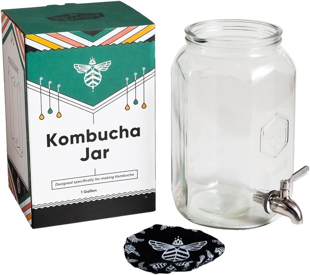 Kombucha Jar with Dispensing Valve - For Kombucha Fermentation - Includes Custom Cloth Cover- Proprietary Design
