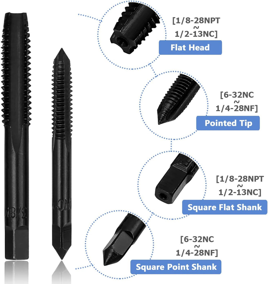 Mesee 14 Pieces Thread Tap Combination Set Nitriding Coated HSS Straight Flute Thread Screw Taps SAE Size Machine Drill Thread Tapping Tool 6-32NC to 1/2-13NC