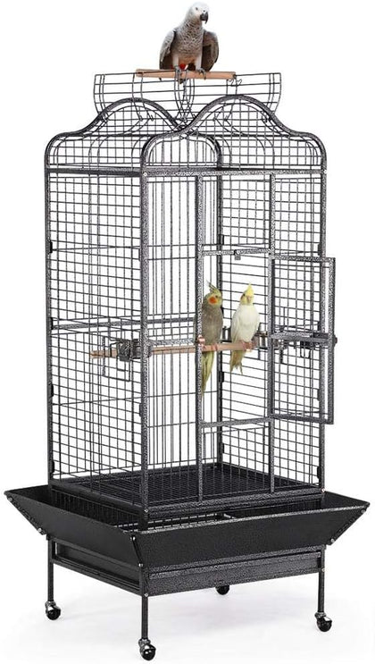 63'' Bird Cage with Stand Wrought Iron Rolling Open Play Top Large Bird Cage for Mini Macaw African Grey Amazon Parrot