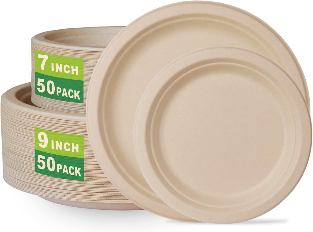 7 inch and 9 inch Heavy-duty Compostable Plates (each 50 Count), 100 Count Unbleached Disposable Paper Plates