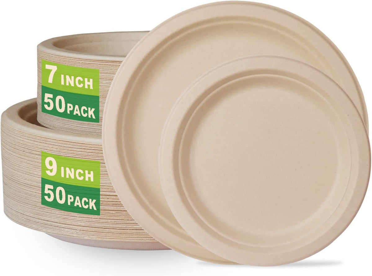 7 inch and 9 inch Heavy-duty Compostable Plates (each 50 Count), 100 Count Unbleached Disposable Paper Plates