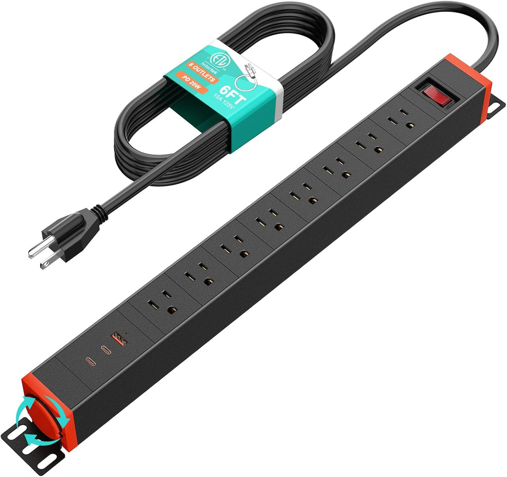 QBA 8 Outlet Metal Power Strip with USB-C 20W, Rack Mount USB Power with 360° Rotating Brackets, Wall Mount Power Strip for Home Office Garage Workshop