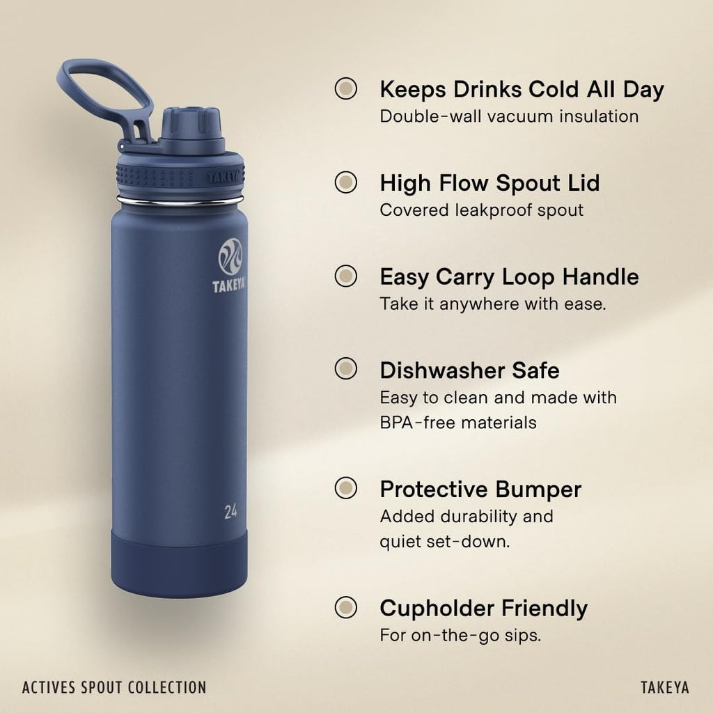 Actives Stainless Steel Water Bottle, Insulated Spout Lid, Keeps Drinks Cold 24 Hrs, Leakproof, Durable, Dishwasher