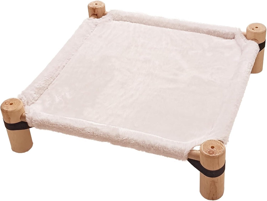 Cat Hammock Bed – Wooden Elevated Cat/Dog Bed with Fluffy Winter Fabric – Raised Pet Cot Furniture for Small Dogs