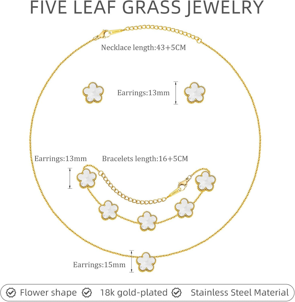 Gold Necklaces Bracelets Earring Set - 18K Gold Plated Flower Bracelet Chain,Stainless Steel Non Tarnish Floral