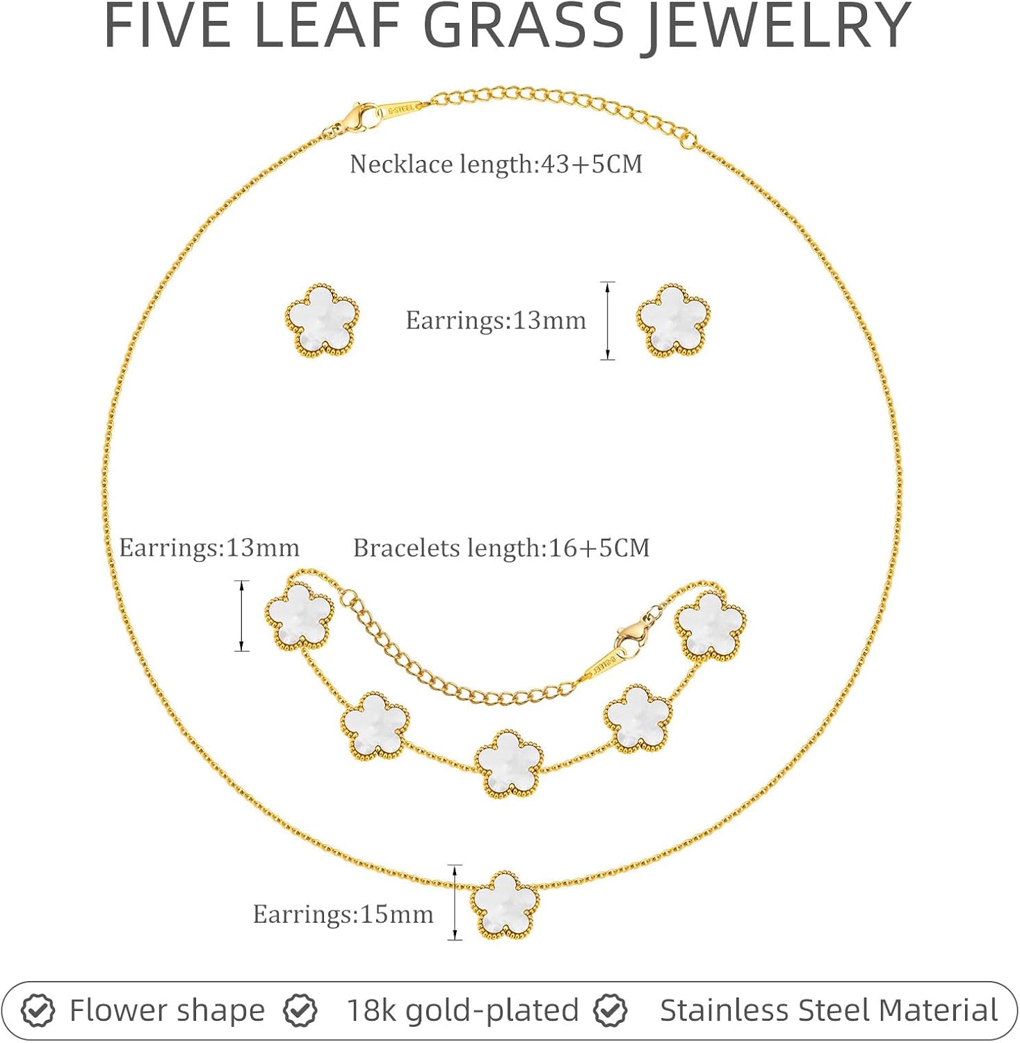 Gold Necklaces Bracelets Earring Set - 18K Gold Plated Flower Bracelet Chain,Stainless Steel Non Tarnish Floral