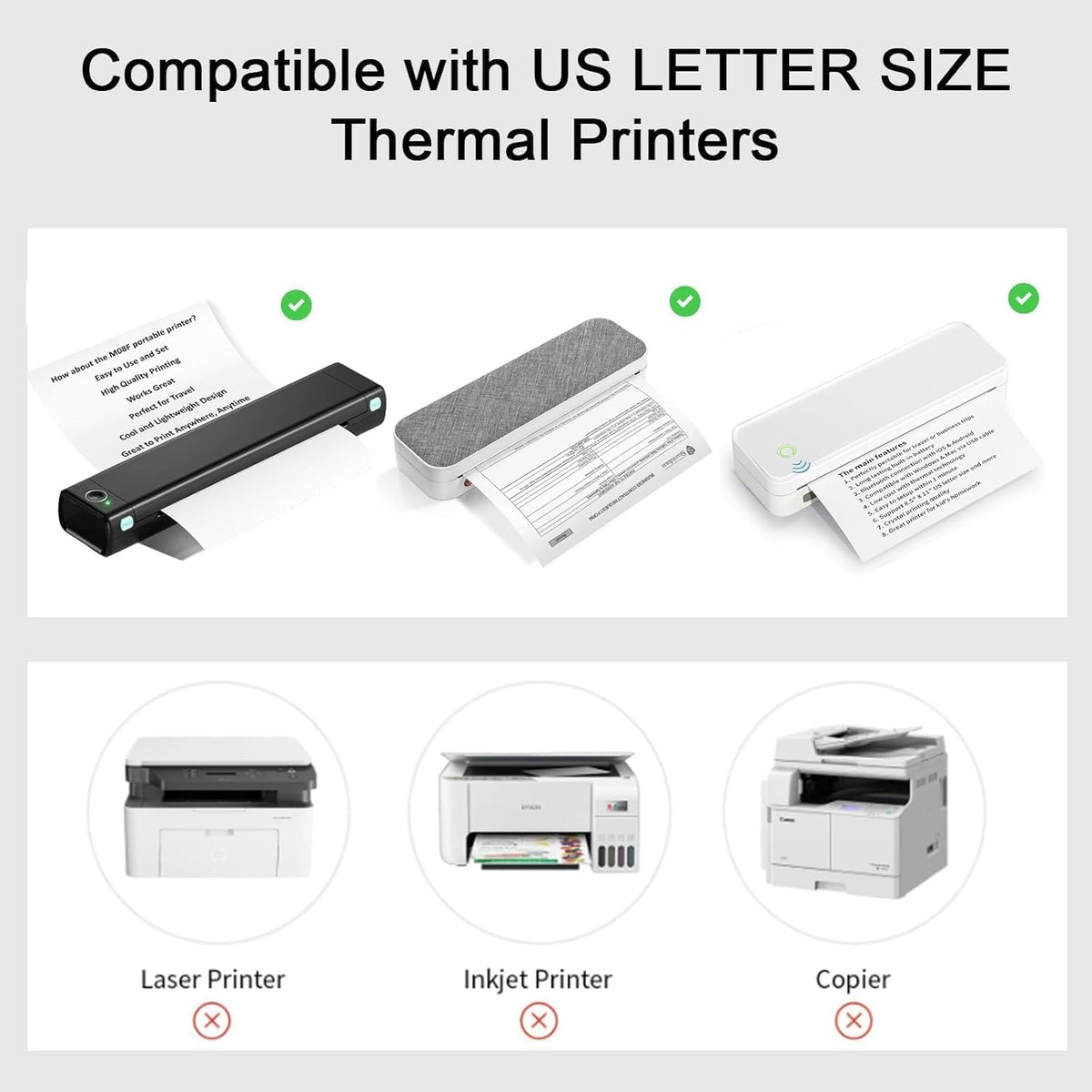 Thermal Paper 8.5x11 Inch for Portable Printer, 200 Sheet Multi-Type