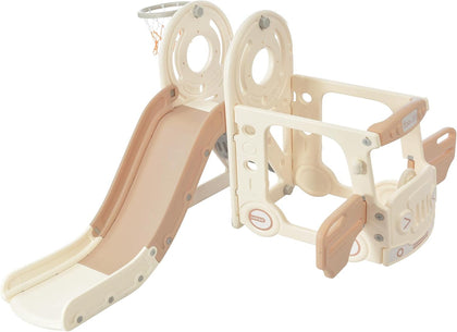 Toddler Slide Swing Set with Bus Play Structure Freestanding Climber Swing Playset with Basketball Hoop for Boys