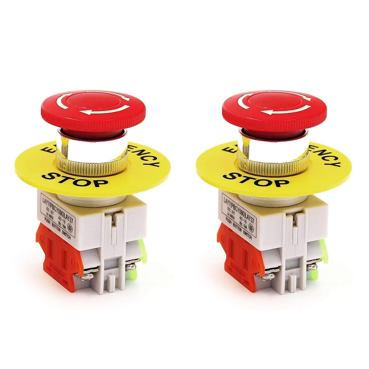 22mm Emergency Stop Push Button Switch Red Mushroom Cap E-Stop Push Button Switch with 60mm Emergency Stop Sign 1NO 1NC DPST AC 660V 10A Self Lock (2PCS)
